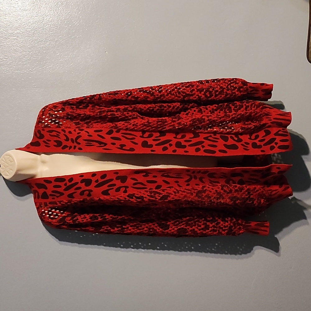 Ashley Stewart women's animal print red & black fishnet cardigan sweater…